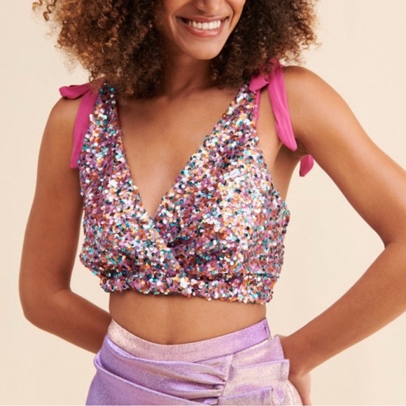 Free People Sz. S Pink Big Night Sequin Crop Top Party Cocktail Barbie Glam - Picture 2 of 7